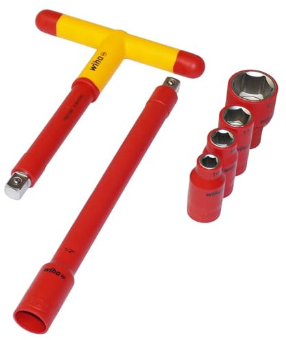sopomarkt24 Ratsche Nuß VDE Steckschlüssel Satz 1/2'' Isoliert bis 1000V AC, T-Griff, Verlängerung, 4 Steckschlüsseleinsätze (SW 10-27mm), Chrom-Vanadium-Stahl, für sicheres Arbeiten