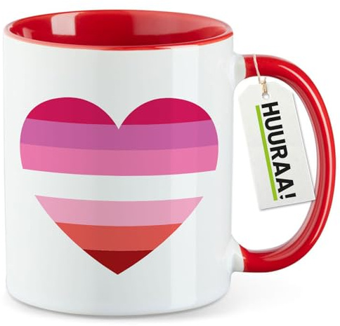 Huuraa Kaffeetasse Lesbische Pride Flagge LGBTQ Herz Geschenk | Motivtasse 330ml Rot Keramik Tasse mit Spruch Kaffeebecher Geschenkidee Becher mit Motiv