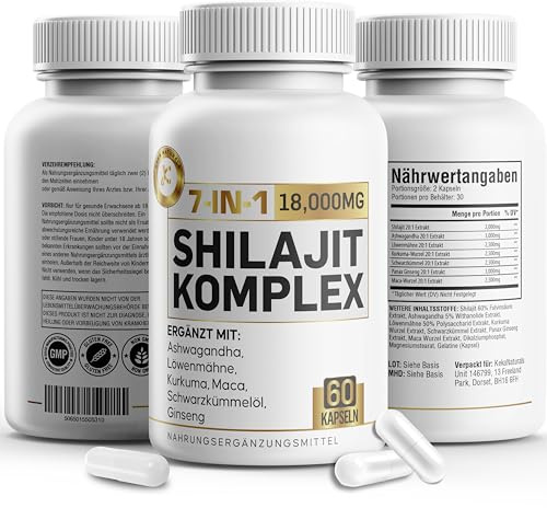 Keka Naturals Shilajit 7-in-1 Mischung 18,000 mg – Ashwagandha, Maca-Wurzel, Ginseng, Kurkuma, Löwenmähne, Schwarzkümmelöl – Hochdosiert, 60 Kapseln