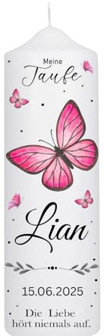 Taufkerze Mädchen oder Jungen mit Taufspruch, Motiv mit Schmetterlingen, 25cm x 8 cm, personalisierte Kerze, bedruckte Kerze zur Taufe, Geburtstagskerze,Patenkerze, Taufgeschenk