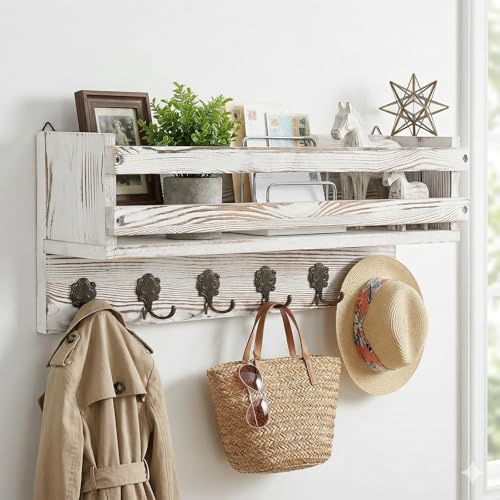 Wandgarderobe, Eingangsbereich, Holz-Kleiderbügel mit 6 Haken, 58 cm, Wandregal mit Hutablage, für Küche, Schlafzimmer, Badezimmer