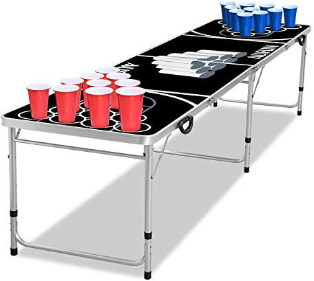 VANCHEMO Ensemble de table à bière pong avec 100 gobelets, 50 rouges et 50 balles bleues, 5 balles, de qualité supérieure, réglable en hauteur, table de pong pliable en aluminium et MDF, jeu de fête