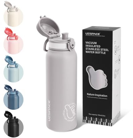 UZSPACE Botella de Agua Acero Inoxidable 700ml, Botella Agua Niño con Asa, Doble Pared, A Prueba de Fugas, Apertura de un Clic, Cantimplora infantil para Colegio, Niño, Niña, Gris Pedernal