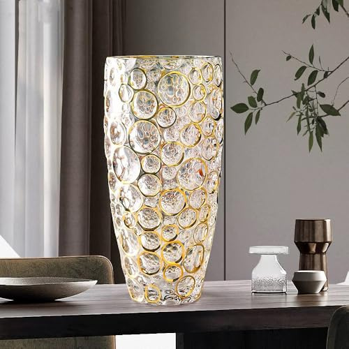 Handbemalte goldene runde Kristallglas-Blumenvase mit großem Punkt, 30 cm, moderne Vase für Wohnzimmer, Schlafzimmer, Küche, Esstisch, Kaminsims, Hochzeit. (Handbemalt Gold)