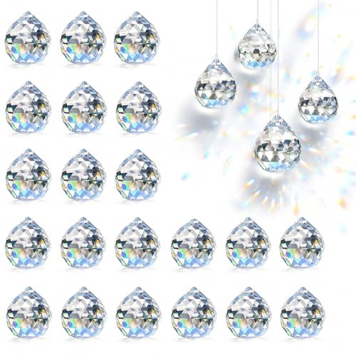 24 Stück Sonnenfänger Kristall 20mm Kristalle zum Aufhängen, Kristallkugel, Kristall Prisma aus Glas, Hängende Kristalle Prismen für Fenster, Kronleuchter Anhänger, Geschenk, Weihnachten