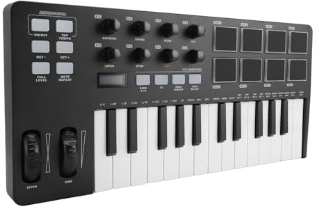 Lazmin112 25-Tasten-USB-MIDI-Keyboard-Controller, Tragbare Musikproduktion mit 8 Drum-Pads, 8 Knöpfen, Display, für PC FL Studio Cubase Logic Pro