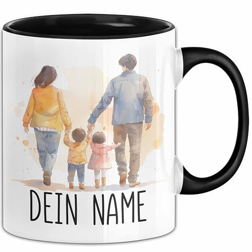 Familie Tasse mit Namen – Personalisierte Tasse Geschenkidee Familientasse Mama Papa Kinder Namentasse (Schwarz)