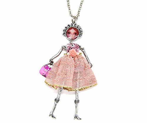 Oh My Shop SP301 - Sautoir Collier Pendentif Poupée Articulée Robe Sequins, Fleur et Jupe Broderie Rose Nude