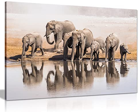 Tableau sur toile murale d’une famille d'éléphants d'Afrique buvant à une mare, art imprimé., A0 91x61cm (36x24in)