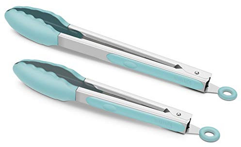 9-Inch & 12-Inch Cooking Tongs, Premium Silicone Set of 2 BPA Free Non-Stick Stainless Steel BBQ Grilling Locking Food Tong, Aqua Sky