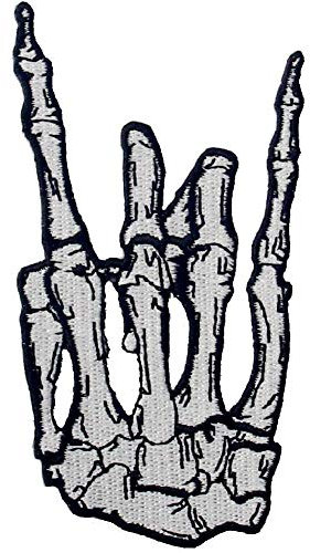Aufnäher, bestickt, Design: Punkrock-and-Roll Skelettfinger Schwermetallmusik-Handsymbol-Zeichen, zum Aufbügeln oder Aufnähen