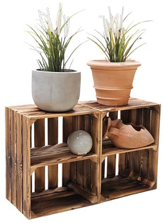 Teramico Holzkiste 50 x 40 x 30cm - Vintage-Look geflammt - Weinkiste Obstkiste Set Dekoration (2er Set, Ablage Kurz)