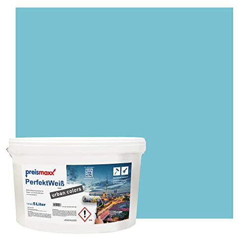 Preismaxx Perfektweiß Wandfarbe blau matt 5L - Innenwandfarbe für kreative Wandgestaltung, Innenfarbe karibikblau, hohe Deckkraft Klasse 2, Trendfarbe für Wohnzimmer, bunte Akzentfarbe