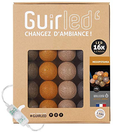 GuirLED - LED Baumwollkugeln Lichterkette USB - Baby Nachtlicht 2h - Dual USB 2A Netzteil enthalten - 3 Intensitäten - 16 Kugeln 1.6m - Mesopotamia