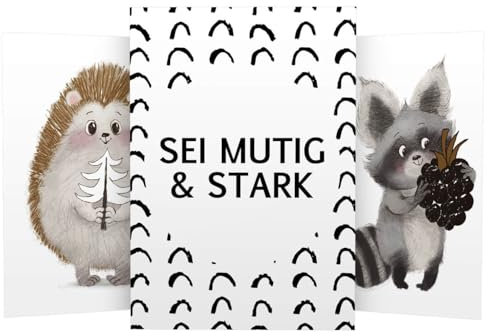 Olgs Babyzimmer Poster 3er Set | Wandbilder Spruch Sei Mutig und Stark Premium | Kinderzimmer Deko Bilder DIN A4 | Tiere Wandposter Mädchen Junge | Igel Waschbär