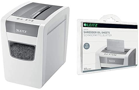 Leitz IQ SL Home Office Aktenvernichter, Partikelschnitt, Sicherheitsstufe P4, 10 Blatt Kapazität, 23L Abfallbehälter, Schredder, Weiß & IQ Ölblätter, Packung mit 12 Stück, für IQ und andere Marken