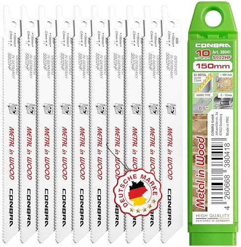 CONBRA® Säbelsägeblätter Metall in Holz 10x S922HF Säbelsäge Blätter 10-tlg. Sägeblätter für Säbelsäge - Metallsägeblatt 150mm - Tigersäge Sägeblatt - Kompatibel mit Bosch Säbelsägeblätter