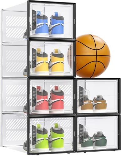 Kuject Shoe Organizers Storage Boxes for Closet, 12 Pack Clear Plastic Stackable Storage Bins with Lids, Under Bed Shoe Containers for Entryway, Drop Front, Fit up to Women's Size 10,Grey