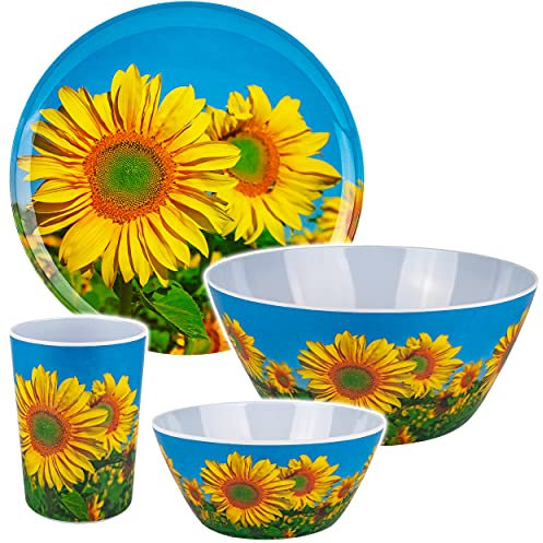4 TLG. Set Geschirr Motiv & Artikel wählbar Melamin - Teller/Speiseteller + Becher + Schale + Schüssel - Sonnenblume - Essteller Service - Abendbrottell..