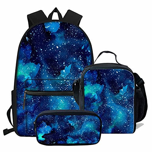 NETILGEN Starry Space Pattern 3-Piece Set Student Rucksack Casual Daypacks School Bags Girls Boys Trendy Backpack Junior Kids Bookbags