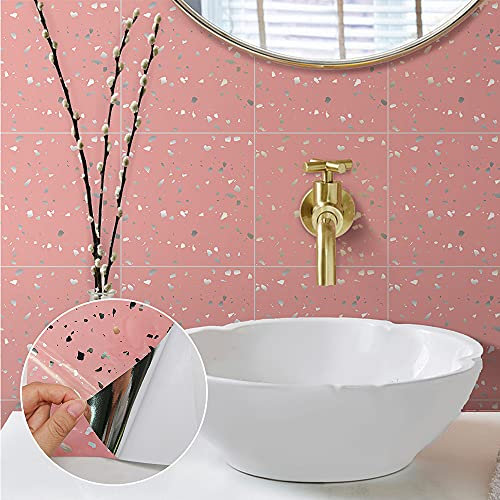 Hiseng 12 stück Fliesen Aufkleber DIY 6 x 6 inch Fliesenaufkleber für Küche Bad, Wasserdicht Modernes Terrazzo Muster Wandfliese Boden Aufkleber Wohnzimmer Deko Fliesenfolie (Rosa)