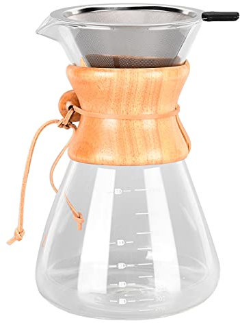 HERCHR Pour Over Coffee Maker, Coffee Dripper Brewer Paperless Glass Carafe Coffee Pot with Stainless Steel Filter & Wood Sleeve for Home Travel(1000ml)