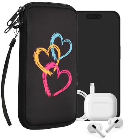 kwmobile Custodia in neoprene con zip per smartphone XL - 6,7/6,8 - Astuccio portacellulare a sacchetto con cerniera - Borsa verticale - Cuore Metallico fucsia/arancione/nero