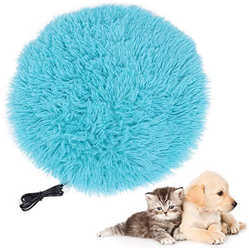 Heated Cat Bed, 40cm Plush Round Dog Bed Pet Calming Dog Cat Bed Electric Pet Heated Mat Warming Cat Bed Blanket Kitten Heating Pad Fluffy Cuddler Pet Cushion Puppy Beds for Small Dogs Cats(Blue)