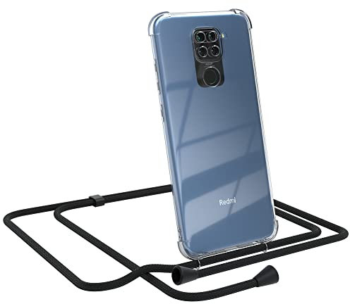 EAZY CASE Handykette kompatibel mit Xiaomi Redmi Note 9 / Redmi 10X 4G Handyhülle mit Umhängeband, Handykordel mit Schutzhülle, Silikonhülle, Hülle mit Band, Kette, Schwarz - Clips Schwarz
