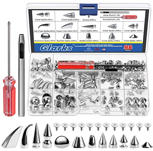Glarks 98Pcs Silver Mixed Shape Spikes Studs Rivets Kit with Install Tools, Screw Back Bullet Cone Studs and Spikes Punk Rivets Set for Leather Belts Bags Shoes Dog Collars DIY Craft Decoration