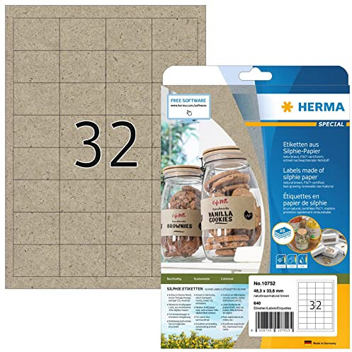 HERMA 10752 Universal Etiketten aus Graspapier, 20 Blatt, 48,3 x 33,8 mm, 32 pro A4 Bogen, 640 Stück, selbstklebend, bedruckbar, matt, blanko Silphie-Papier Klebeetiketten Aufkleber, natur-braun