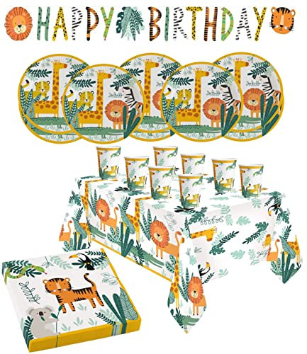 Libetui Set 33 Teile Geschirrset Dschungel Kindergeburtstag Wildtiere Geschirrset mit Partykette Tischdeko Becher Teller Dschungel Partygeschirr für bis zu 8 Kinder
