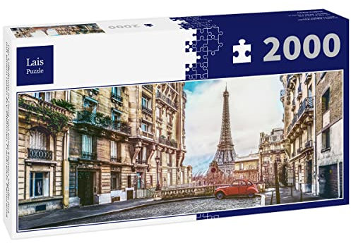 Lais Puzzle Der Eiffelturm in Paris von Einer kleinen Straße aus mit einem roten 2cv-Oldtimer, Frankreich, Panorama 2000 Teile Panorama