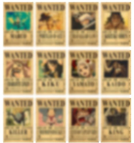 BSNRDX 12 stücke Anime One Piece Poster,Kopfgeld Gesucht Poster Anime Wandbilder Kraftpapier Poster Anime Poster für Schlafzimmer Dekoration DIY Kartenpapier Teenager Raumdekoration Poster Geschenke