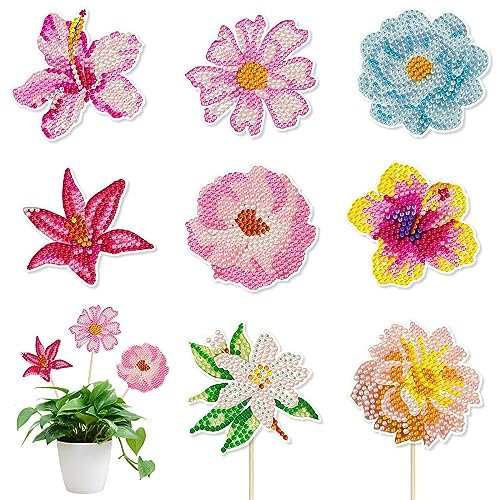 SHANFAA 8 Stück Blume Diamond Painting Sets,DIY 5D Diamond Painting Art für Garten Dekor, Blume Stakes Diamant Kunst Kits, Blume Diamant Painting Ornaments Zubehör