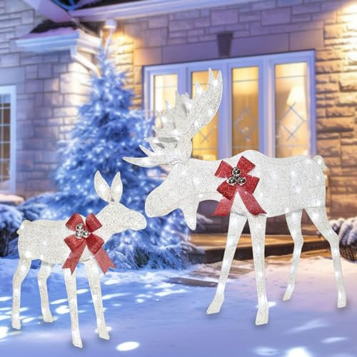Reindeer Beleuchtete Weihnachtsdekoration Elch Familie-Beleuchteter Elch 2 Set mit 135 Lichtern-Outdoor Yard Decoration Kit Including 2-Piece Deer, Pfählen und Verlängerungskabel -Weiß