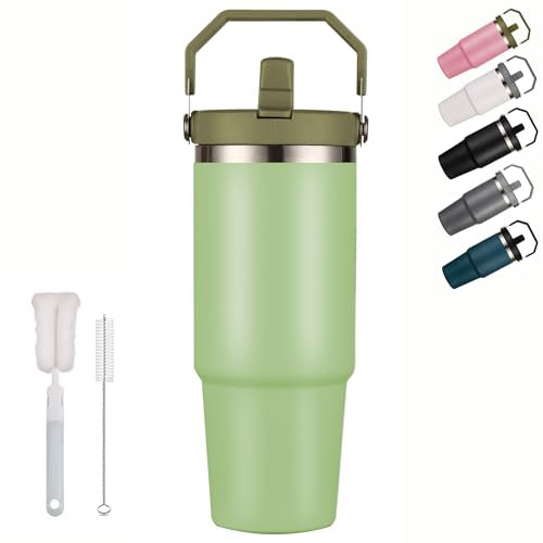 XIXIAMI Travel Mug with Handle 900ml-30oz Insulated Tumbler with Straw & Lid Leakproof Coffee Mug for Hot or Iced Drink |Stainless Steel Thermal Cup-Green