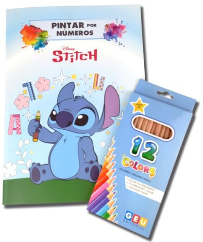 Coloriage Stitch | Cahier Stitch | Coloriage Disney | Livre Coloriage Stitch avec 12 Crayons | Peinture par Numéros - Pintar por Números | Editorial GEU