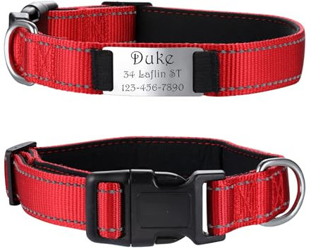 MeMeDIY Collar de Nylon Personalizado para Perros con el Nombre de la Mascota Grabado Placa de Identificación Silenciosa de Acero Inoxidable Collar Ajustable-Rojo, M