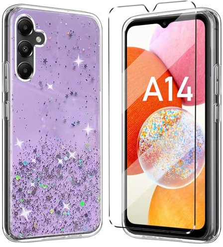 HuiYouMY Coque de Protection et 1Pcs Verre trempé Protection Compatible with Samsung Galaxy A14 4G/5G, Violet, Étui Housse Antichoc, Étoile, Luxury, Glam