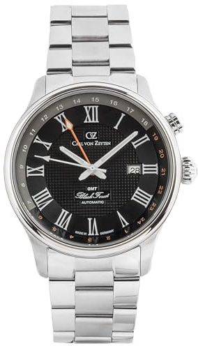 Carl von Zeyten Herrenuhr Original NEU Rench Herrenuhr Silber Schwarz Zweite Zeitzone Saphirglas Automatik 46mm- CVZ0087BKMS