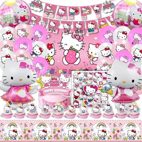 100 Pcs Kitty Geburtstag Dekoration, Kitty Geburtstag, Kitty Dekoration, Kitty Party Supplies Set, Kitty Luftballons, Kitty Tortendeko, Kitty Tischdecke, Mädchen Geburtstags Dekoration