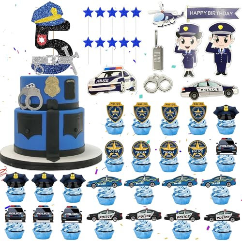 5. Polizei Geburtstag Deko Tortendeko - 42 Stück Polizeiauto Cupcake Topper, Happy Birthday Kuchendeko, Auto Cake Topper, Polizei Deko Kindergeburtstag 5 Jahre Alt, Geburtstagsparty für Jungen