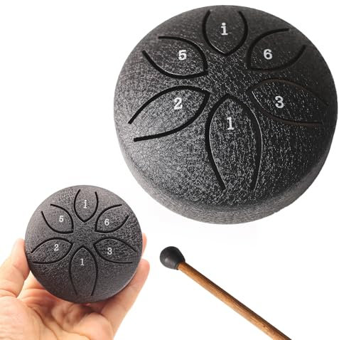 Steel Tongue Drum Tundrum 3 Zoll 6 Noten Handtrommeln mit Handpan Drum Mallets, Musikbuch, Klanginstrumente Regentrommel für Musikerziehung Unterhaltung Meditation Chakra (Schwarz)