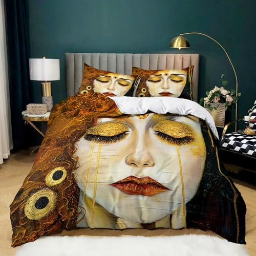öLgemäLde-Stil Bettwäsche Klimt-Frau 135x200 Bettwäsche Set Weiche Mikrofaser Bedruckte Bettbezug mit Reißverschluss und 2 Kissenbezüge für Jungen Mädchen Raumdekor