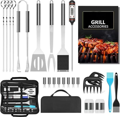 25Pcs BBQ Barbecue Tool Set,BBQ Grill Tools Set Stainless Steel Grilling Kit for Camping, Kitchen,with Bag, Portable Grilling Utensils for Men and Woman Gift