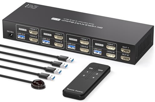 PVBCTCSID 8K HDMI KVM Switch 4 Computers 4K144Hz EDID 4 Port KVM for 4 PC Sharing Dual Monitor and 4 USB 3.0 Devices with Remote Control