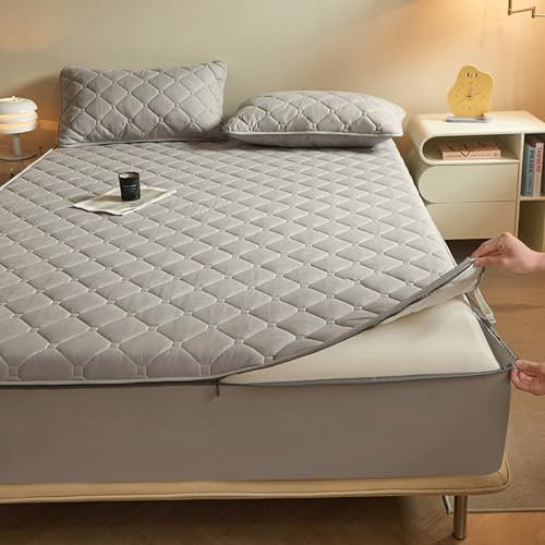 Coprimaterasso trapuntato con cerniera, completamente racchiuso, per letti singoli, matrimoniali, king size, personalizzabile, lavabile e rimovibile, rivestimento totale a 360°, grigio (160 x 190 + 25