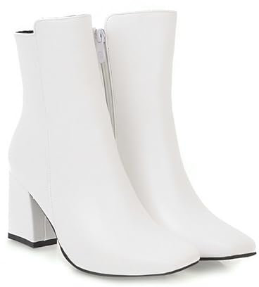 FQMAYPO Stivaletti Caldi da Donna Stivaletto con Tacco Basso A Blocco Grosso con Cerniera Stivaletto Chelsea A Punta Quadrata Autunno Inverno Stivali in Pelle di Vitello Medio,Bianca,37 EU