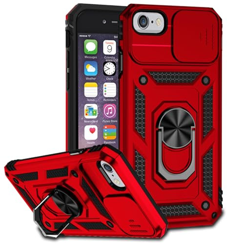 Tothedu Case for iPhone SE 2022/SE 3 2022/iPhone SE 2020/iPhone 7/8/iPhone6/iPhone 6S Case with Slide Camera Cover, Built-in 360° Rotate Ring Kickstand Magnetic Shockproof Phone Cover for iPhone 8 Red